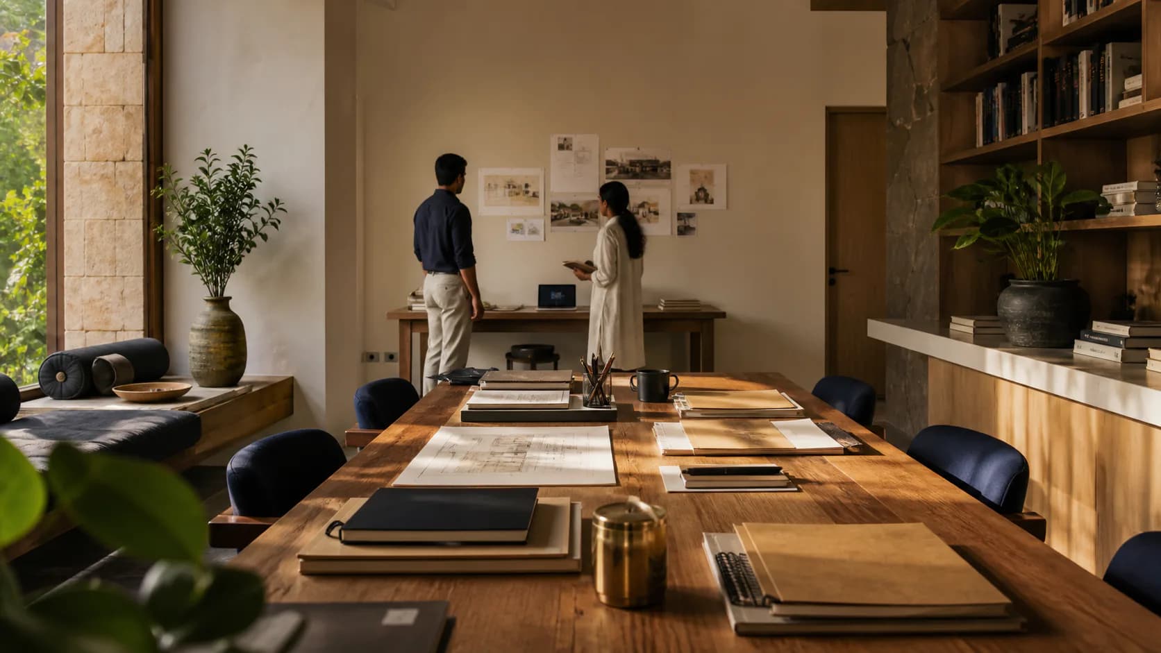 A warm contemporary Indian working environment prepared for a project discussion.