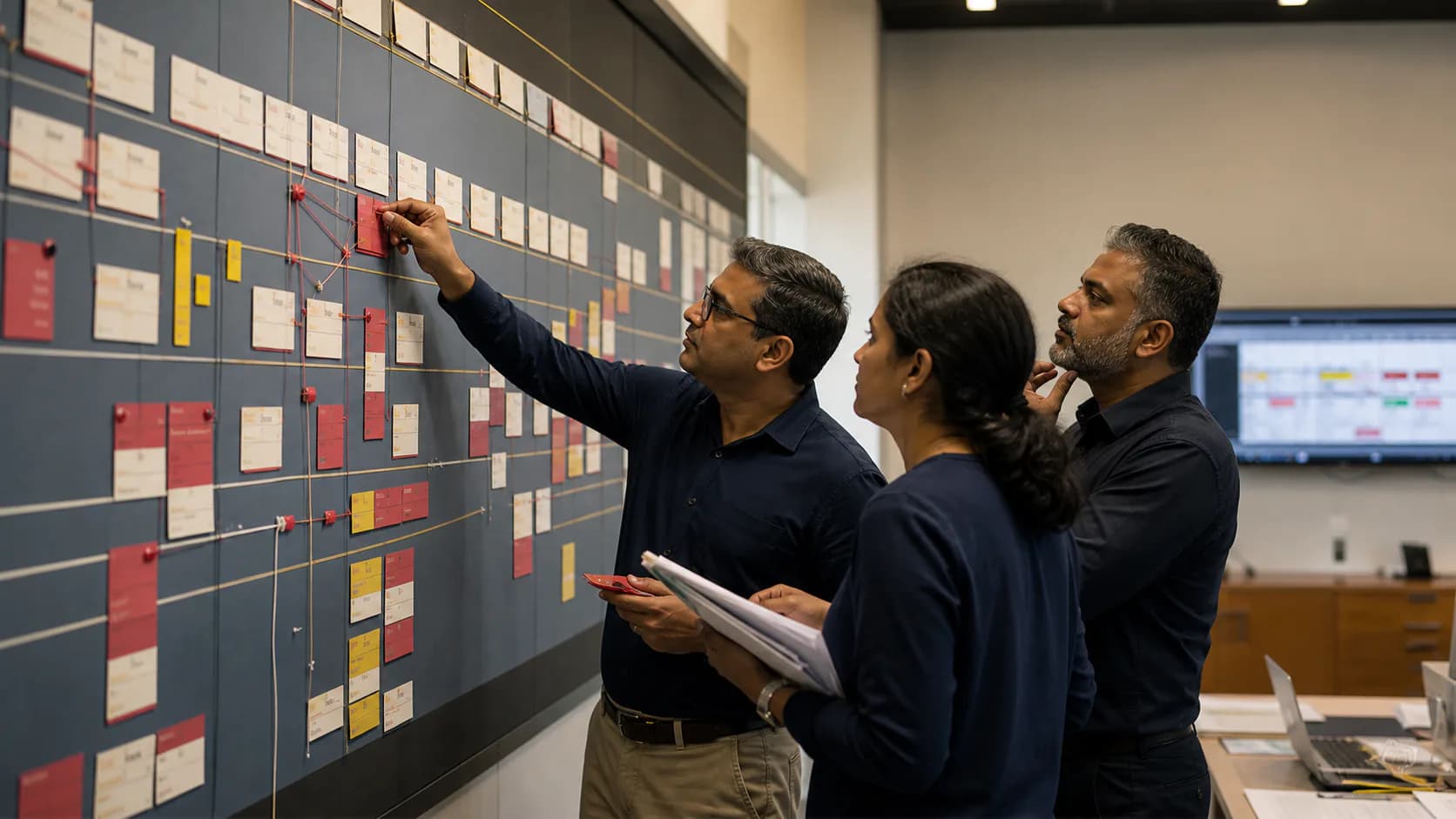 Project leaders reviewing dependencies on a delivery control wall.